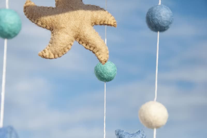 彌月禮物 手工羊毛氈吊飾/Boho嬰兒床吊飾/童房掛飾-海星鯨魚海洋