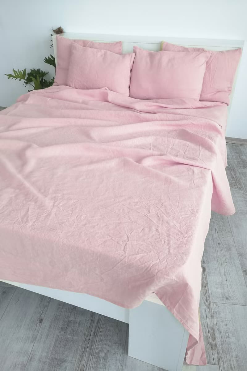 Sakura pink linen sheet set / Flat+fitted sheet+2 pillowcases / Pink bedding