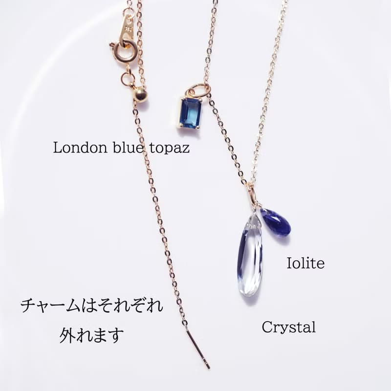 3WAY　ブルートパーズと2種ジュエルによるネックレス・サージカルステンレス60cmスライドチェーン　オオルリ