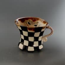 Porcelain mug Painted black and white check Cheshire cat Dancing mug Wonderland