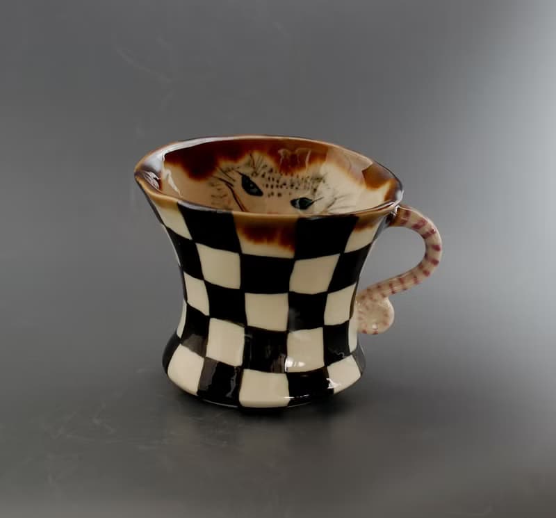 Porcelain mug Painted black and white check Cheshire cat Dancing mug Wonderland