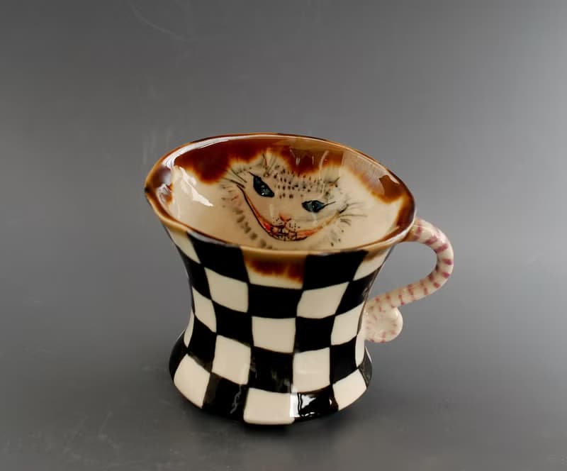 Porcelain mug Painted black and white check Cheshire cat Dancing mug Wonderland