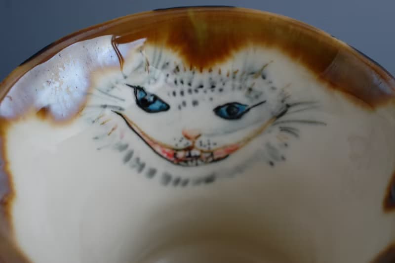 Porcelain mug Painted black and white check Cheshire cat Dancing mug Wonderland