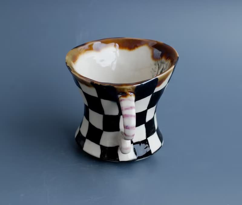 Porcelain mug Painted black and white check Cheshire cat Dancing mug Wonderland