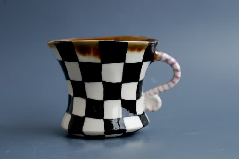 Porcelain mug Painted black and white check Cheshire cat Dancing mug Wonderland