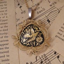 西班牙鑲嵌 大馬士革金屬鑲嵌 雙鳥花草 掐絲邊 項鍊 復古項鍊