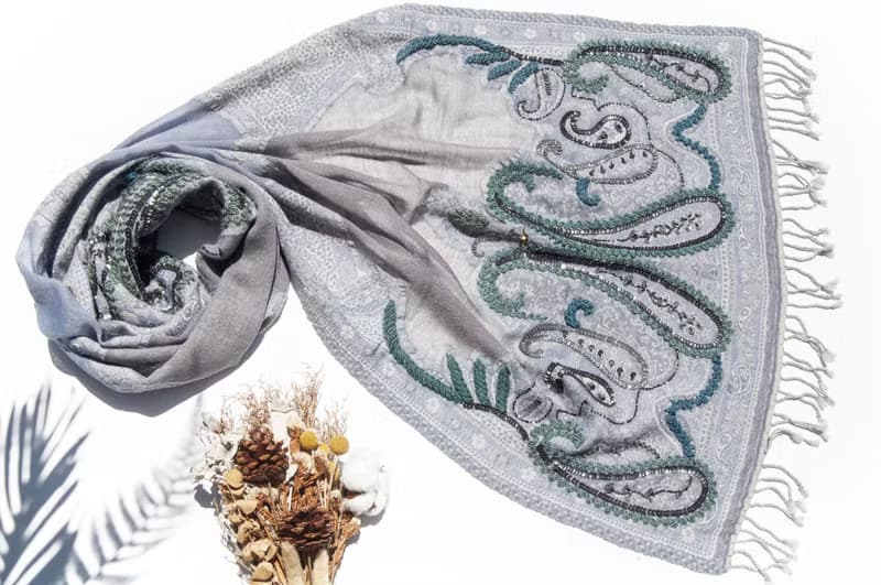 喀什米爾Cashmere/水煮羊毛披肩/針織圍巾/刺繡圍巾/羊絨披巾-花