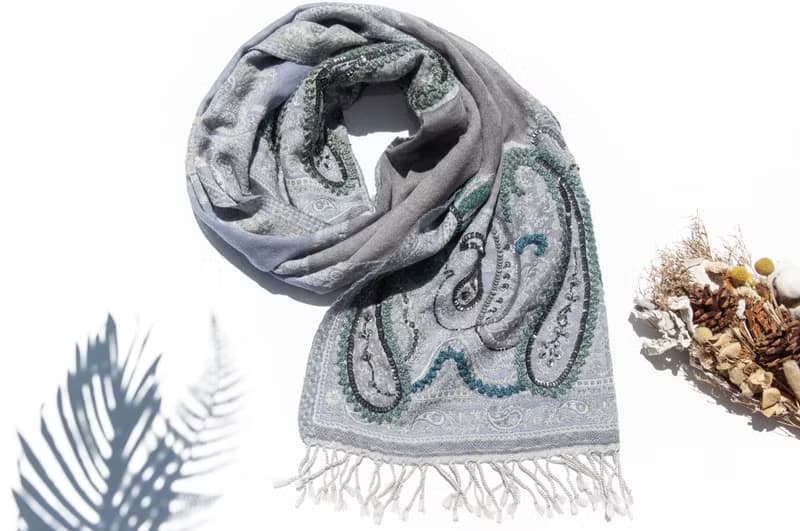 喀什米爾Cashmere/水煮羊毛披肩/針織圍巾/刺繡圍巾/羊絨披巾-花