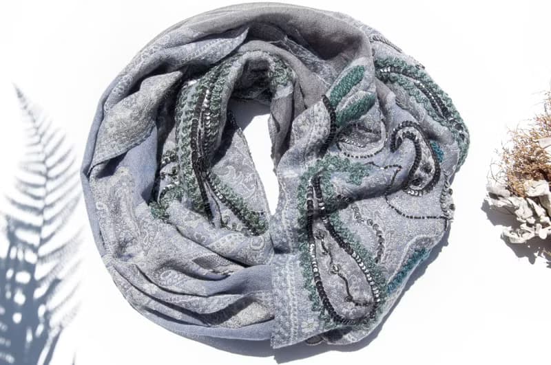 喀什米爾Cashmere/水煮羊毛披肩/針織圍巾/刺繡圍巾/羊絨披巾-花