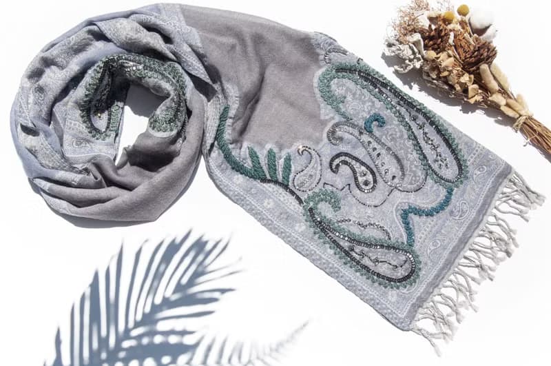 喀什米爾Cashmere/水煮羊毛披肩/針織圍巾/刺繡圍巾/羊絨披巾-花