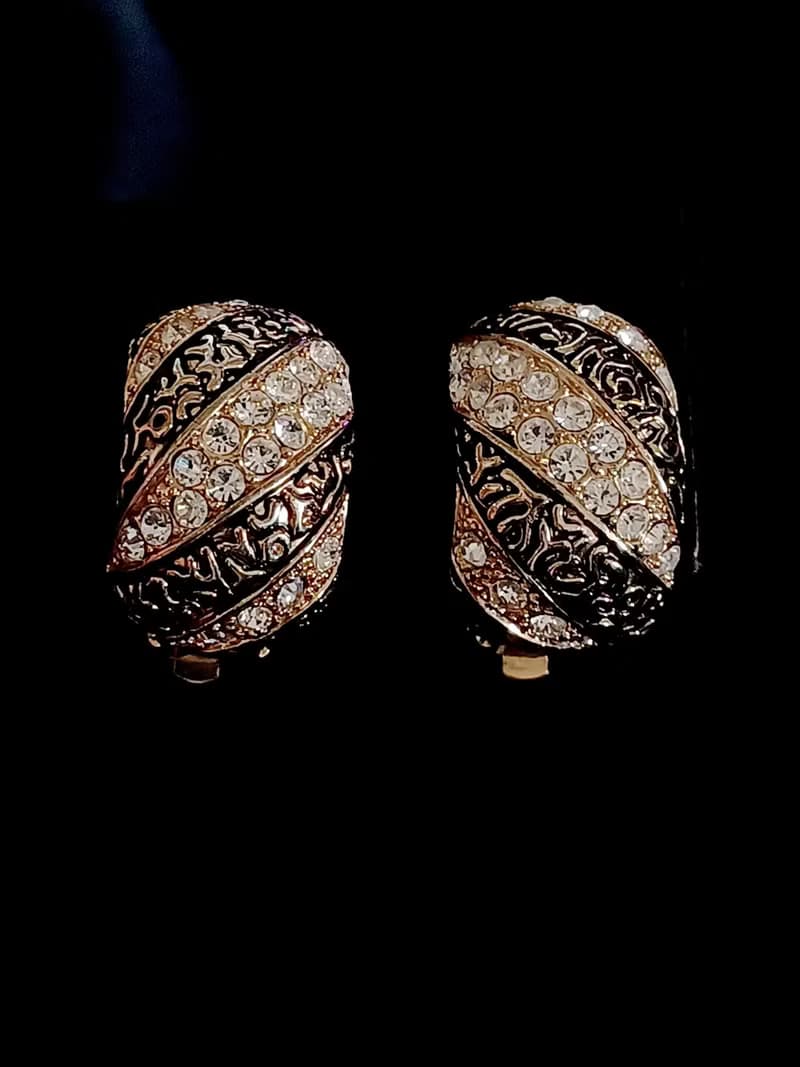 vintage jewelry  古董圖騰交錯萊茵鑽  夾式耳環