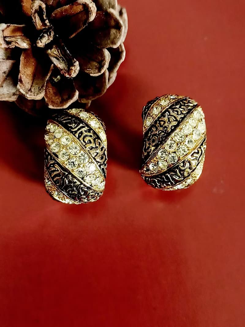 vintage jewelry  古董圖騰交錯萊茵鑽  夾式耳環