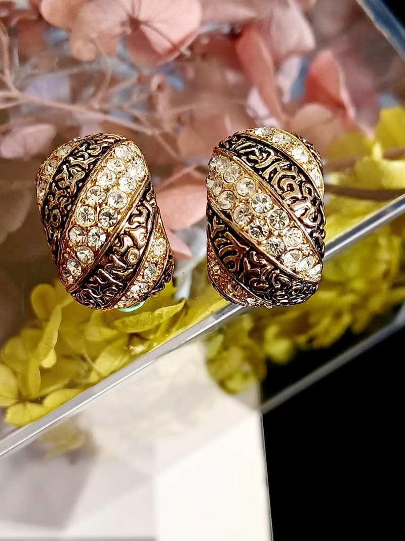 vintage jewelry  古董圖騰交錯萊茵鑽  夾式耳環