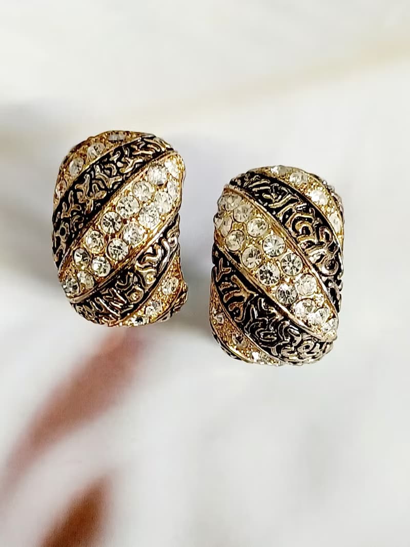 vintage jewelry  古董圖騰交錯萊茵鑽  夾式耳環