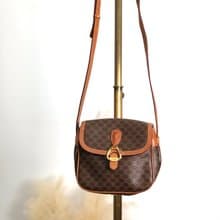 【 日本直送　名牌中古包 】CELINE セリーヌ マカダム ショルダーバッグ ブラウン ホースビット PVC/レザー ミニバッグ vintage vxdzgh