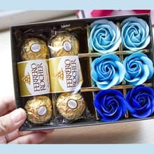 金莎巧克力6顆入+6朵玫瑰香皂花禮盒-藍色-禮品 獎品 送禮 緞帶