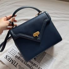中古Valentino Garavani小V金扣 明線牛皮深丹寧配色 手提單肩包