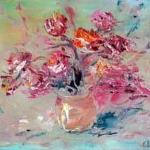 Pink Yellow Roses Flower Bouquet Vase Oil Painting Impasto Original ArtistSvinar