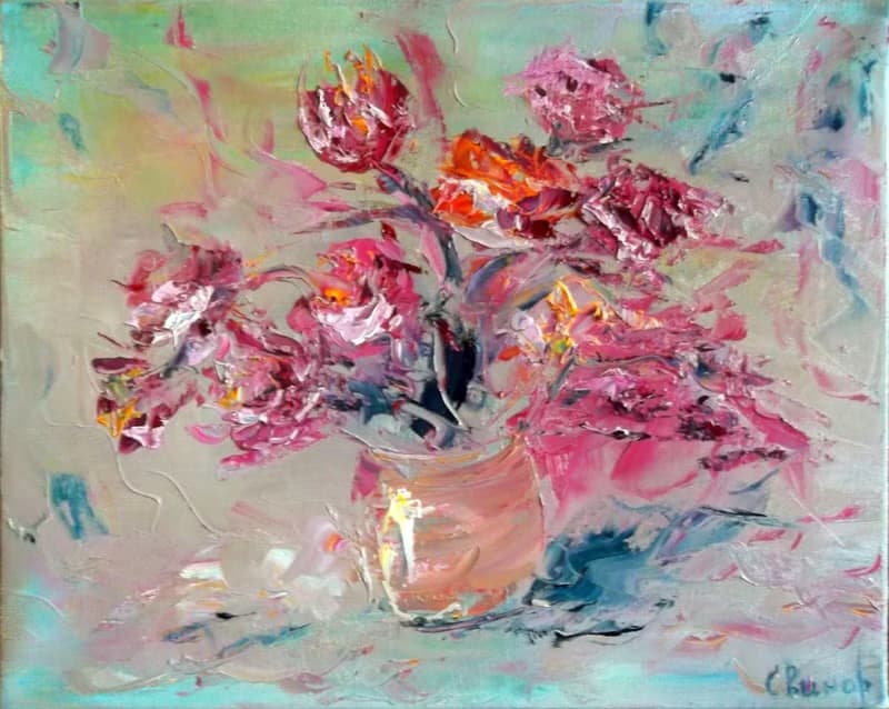 Pink Yellow Roses Flower Bouquet Vase Oil Painting Impasto Original ArtistSvinar
