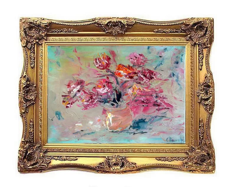 Pink Yellow Roses Flower Bouquet Vase Oil Painting Impasto Original ArtistSvinar