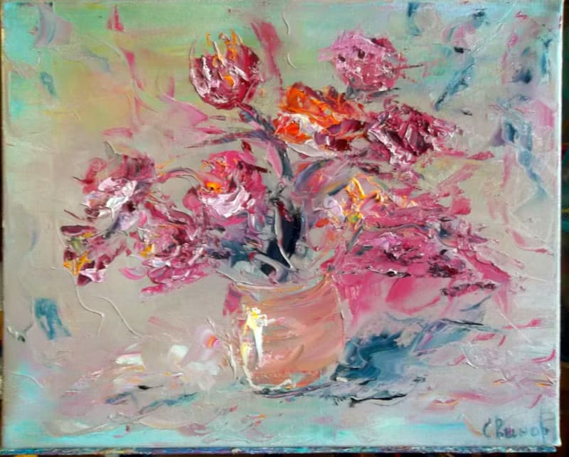 Pink Yellow Roses Flower Bouquet Vase Oil Painting Impasto Original ArtistSvinar