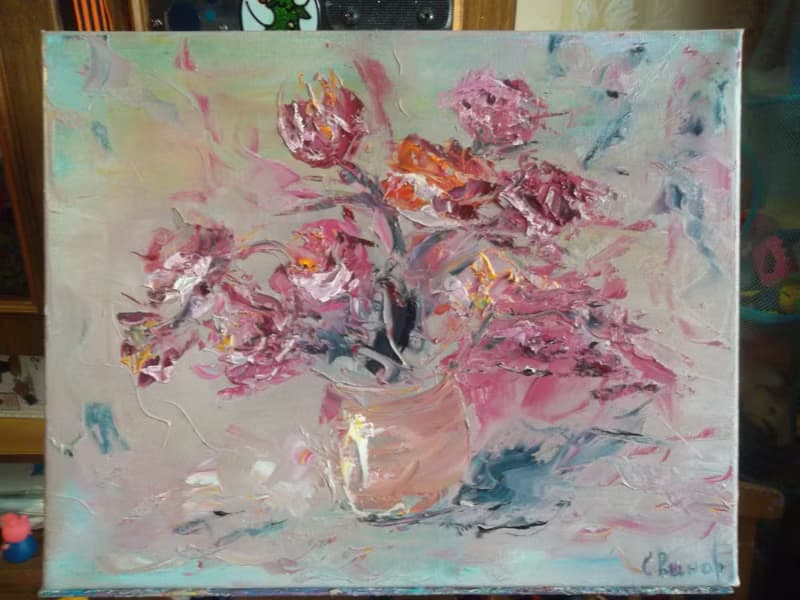 Pink Yellow Roses Flower Bouquet Vase Oil Painting Impasto Original ArtistSvinar
