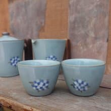 青瓷汝窯簡易茶具組【藍白繡球花款】－簡易壺、茶海、2只茶杯