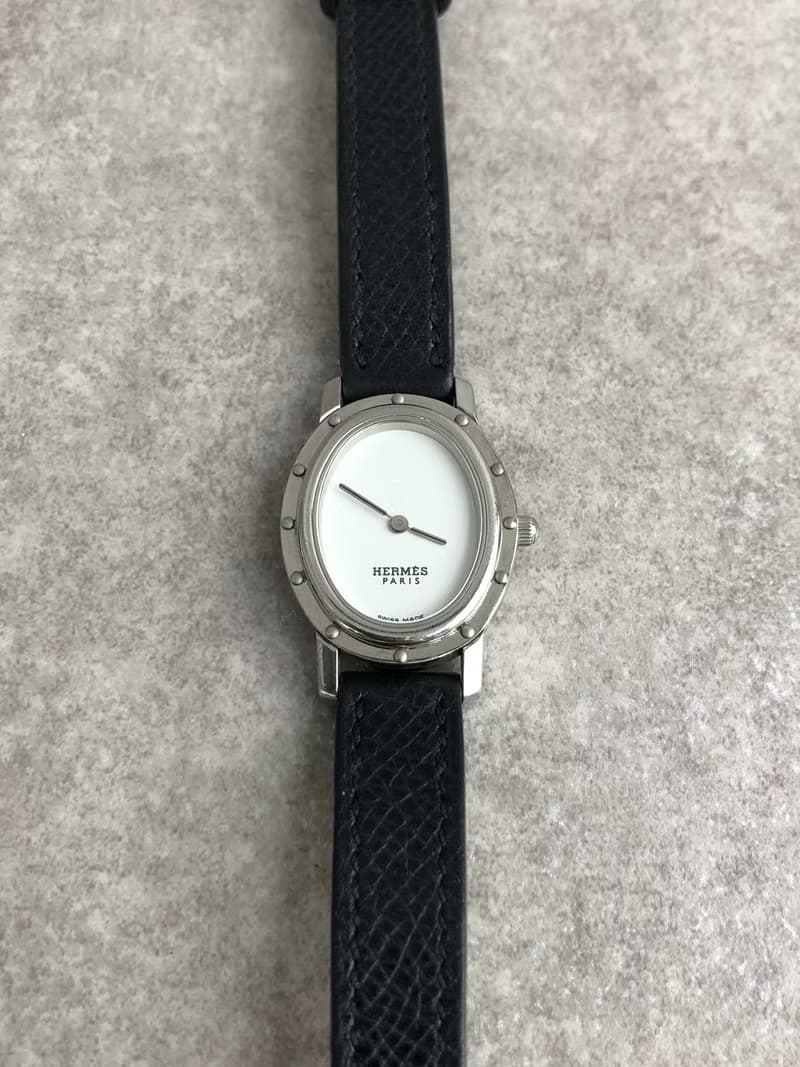【 日本直送　名牌中古包 】HERMES エルメス 腕時計 ブラック クリッパー オーバル レザー CO1.210 vintage ヴィンテージ tdn25n