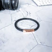 316不鏽鋼 玫瑰金扣件 5mm黑色 真皮 編織皮縄