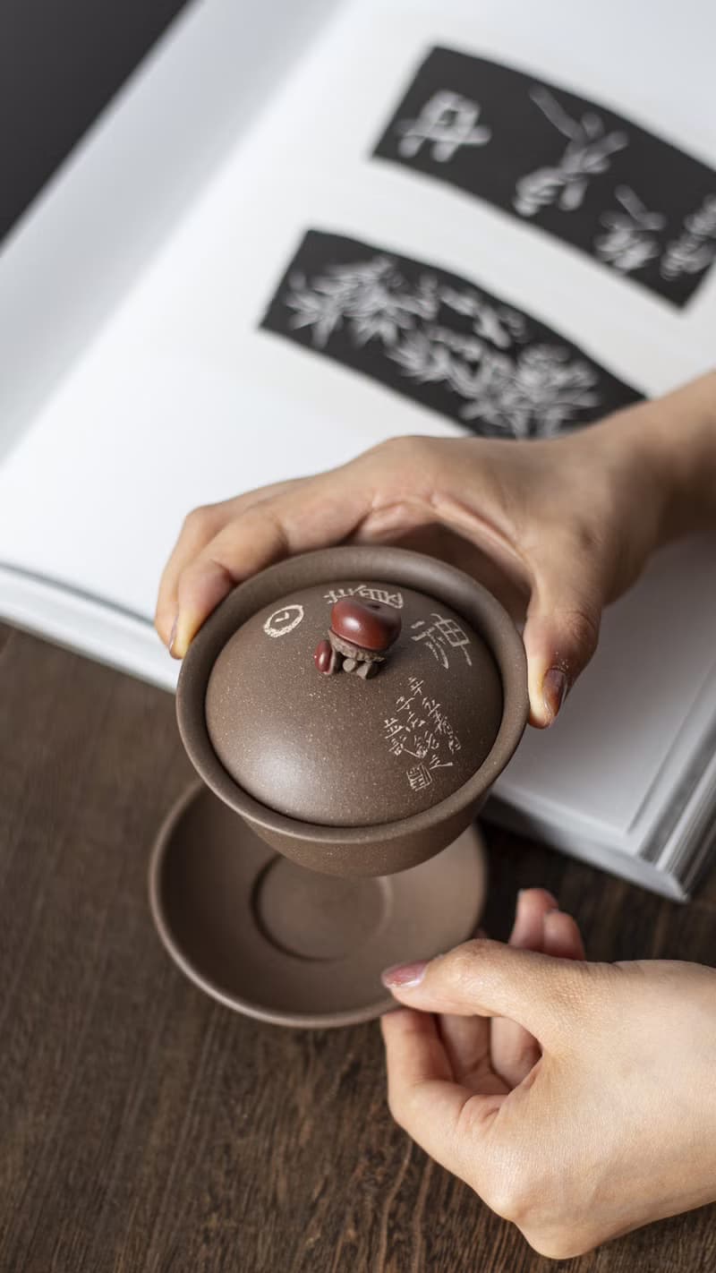 送禮紫砂壺茶壺清韵 盖碗140cc 创意十足 以橡果为钮 粉浆红色 橡