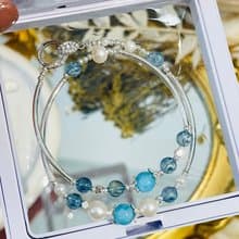 天然海紋石拉利瑪海藍寶珍珠雙圈設計款手鍊