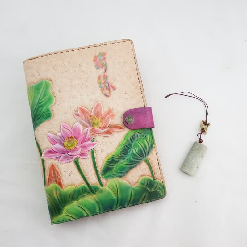 荷花手作植鞣皮革A5六孔活頁筆記本筆記