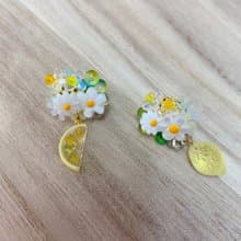 刺繡花配檸檬、耳環、耳夾