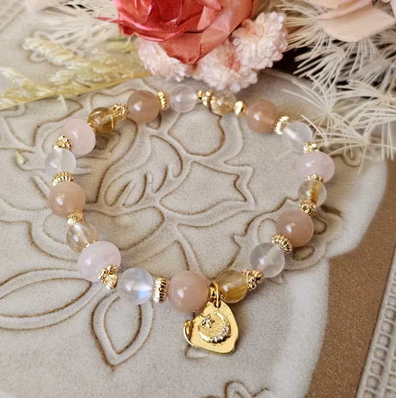 金沙柔光- 橙月光石/鈦晶/粉晶/月光石水晶手鍊