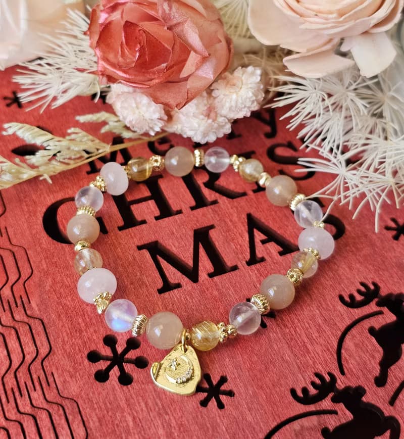 金沙柔光- 橙月光石/鈦晶/粉晶/月光石水晶手鍊