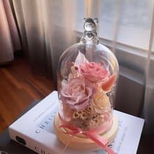永生花-粉紅+粉紫 不凋花 玫瑰 夜燈 玻璃罩 生日送禮 情人節禮物