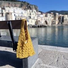 手工鉤織Marina 縷空袋手袋單肩包芥末黃色針織鈎織編織