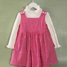 女童紅色格子經典方領吊帶裙