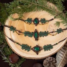 Green tiara with malachite, forest fairy crown, macrame fin needle headband