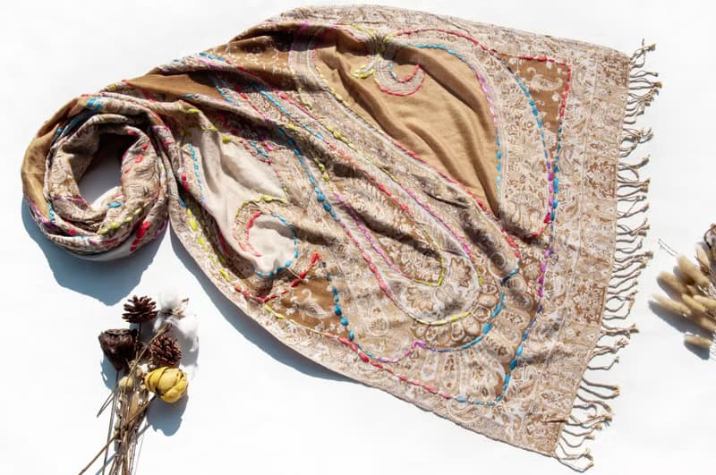 喀什米爾Cashmere/水煮羊毛披肩/針織圍巾/刺繡圍巾/羊絨披巾-花