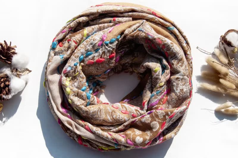 喀什米爾Cashmere/水煮羊毛披肩/針織圍巾/刺繡圍巾/羊絨披巾-花