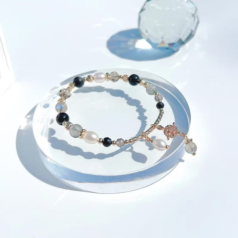 銀曜石拉長石茶水晶淡水珍珠 14K包金天然水晶手鍊