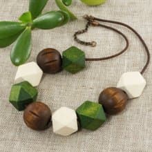Green Brown Wooden Large Beaded Geometric Necklace Woman Jewelry Gift for her