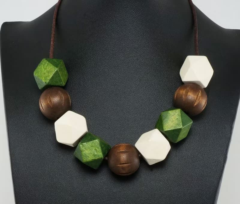 Green Brown Wooden Large Beaded Geometric Necklace Woman Jewelry Gift for her