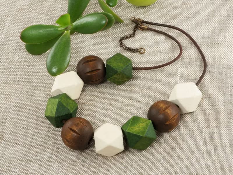 Green Brown Wooden Large Beaded Geometric Necklace Woman Jewelry Gift for her