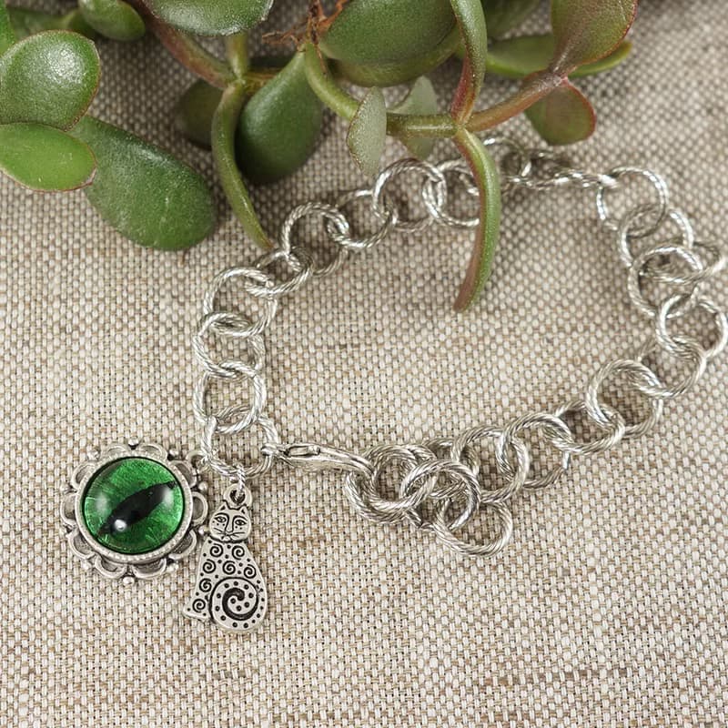 Green Glass Cat Eye Evil Eye Silver Cat Kitten Charm Protection Bracelet Jewelry