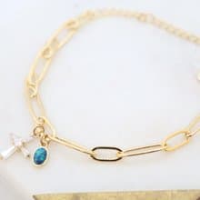 Oval Link Chain Cross & Blue Opal Cham Bracelet, Delicate Handmade Bracelet