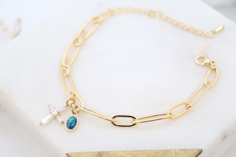Oval Link Chain Cross & Blue Opal Cham Bracelet, Delicate Handmade Bracelet