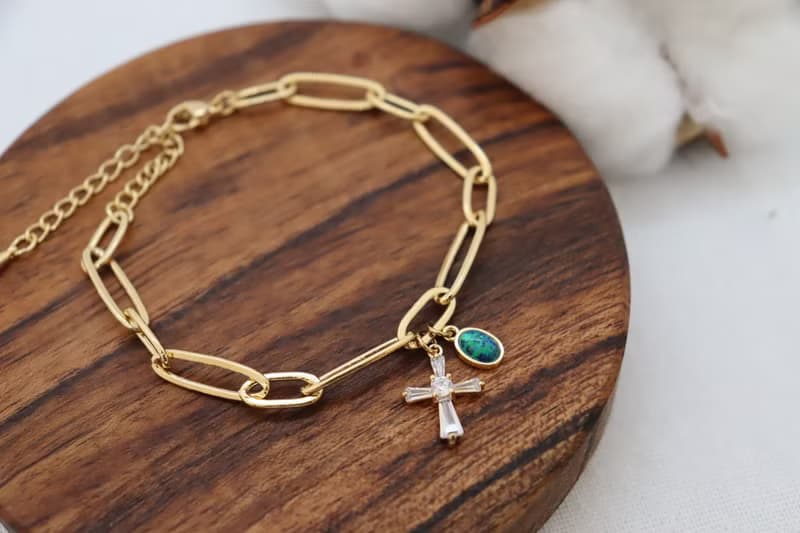 Oval Link Chain Cross & Blue Opal Cham Bracelet, Delicate Handmade Bracelet