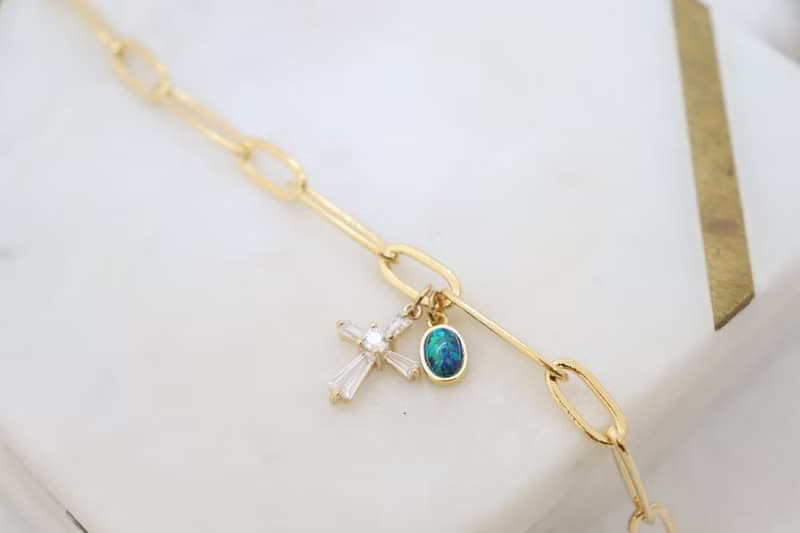 Oval Link Chain Cross & Blue Opal Cham Bracelet, Delicate Handmade Bracelet